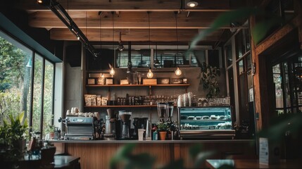 Fototapeta premium Cozy and Inviting Cafe Interior with Rustic Decor