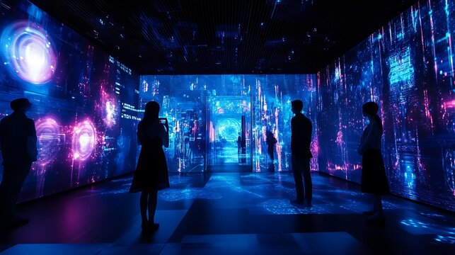 Silhouettes of People in a Dark Room with Neon Lights.