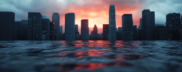 Fototapeta premium A dramatic city skyline at sunset, reflecting in water, showcasing urban beauty and nature's contrast.