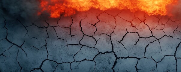 A dramatic landscape featuring cracked earth under a fiery sky, capturing the essence of drought and climate change.