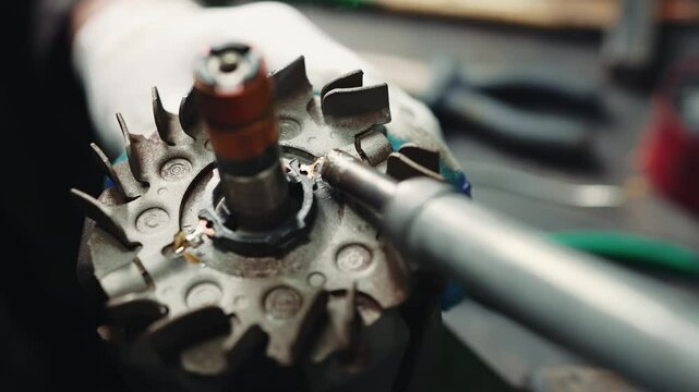 Close-up macro of a soldering with soldering iron car spare part and process of repairing of a car generator alternator in a workshop 
