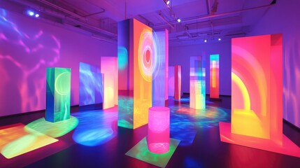 Modern art installation with interactive elements, vibrant lights, and a unique spatial experience