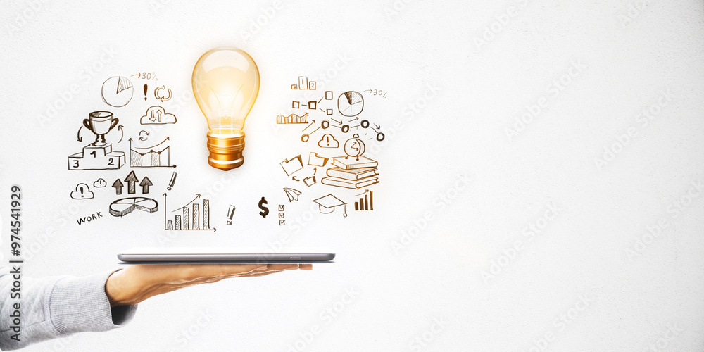 Poster hand holding tablet with floating lightbulb and business sketches on white background.