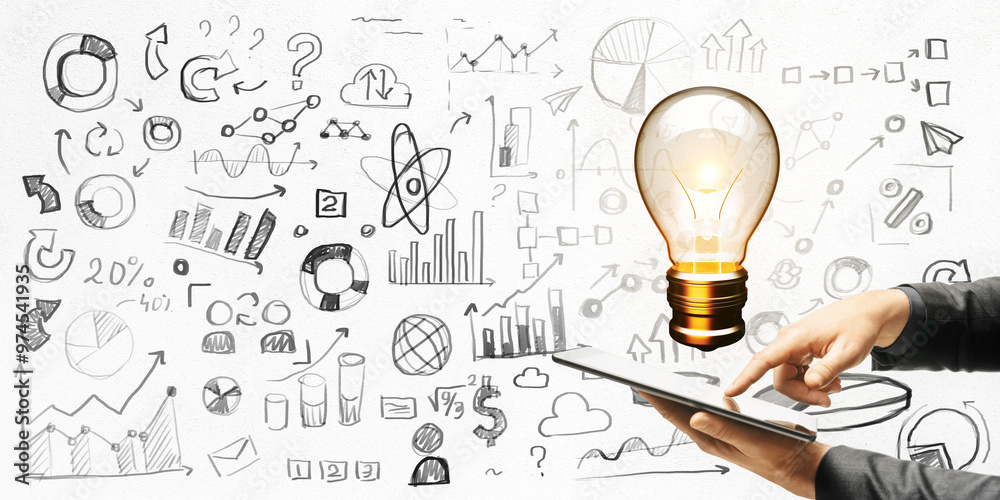 Poster business person using a tablet with light bulb and various sketches on white background.