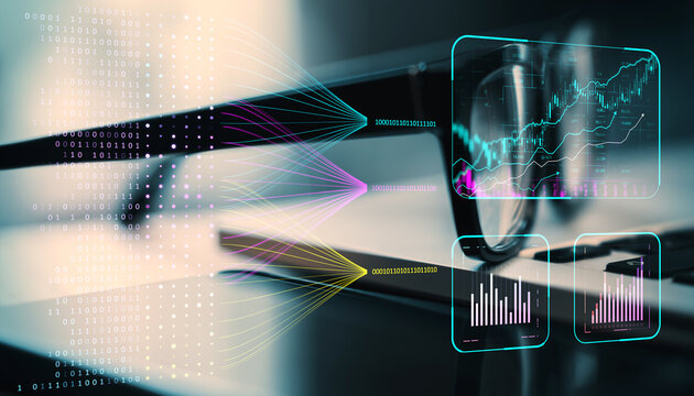 Complex data visualization of financial graphs and binary codes on a desk with glasses and keyboard in the background. - Powered by Adobe