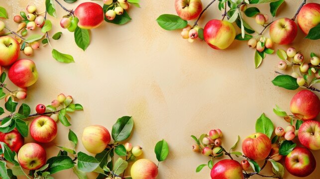 Background template with copy space and border of apple, leaf, plant