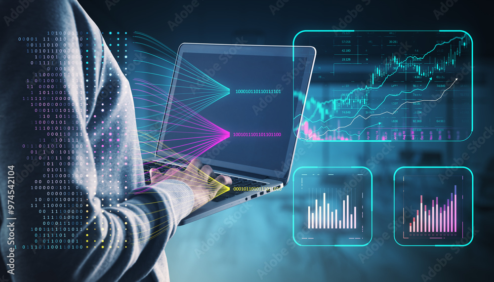 Poster Person using laptop with financial data visualizations and binary code on a dark background.