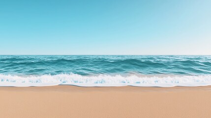 Naklejka premium A serene beach view showcasing gentle waves lapping at the golden sand under a clear blue sky, perfect for relaxation and escape.