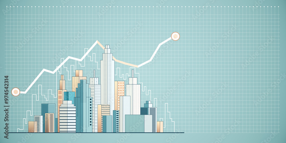 Poster city real estate data stats concept with skyscrapers and graph on plain background. 3d rendering