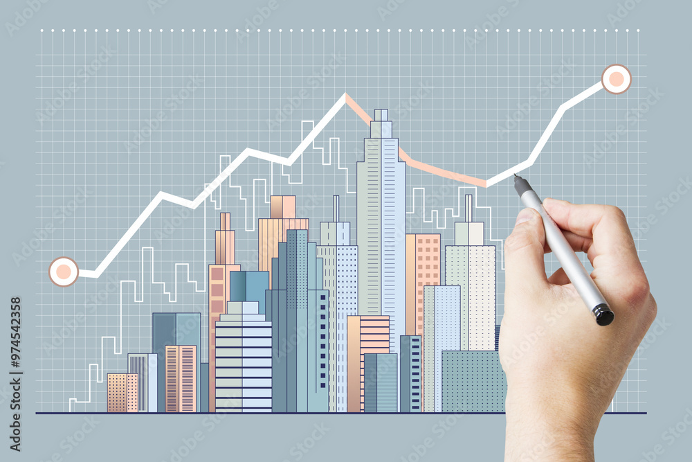 Poster Hand drawing a rising graph on cityscape background representing real estate data and statistics.