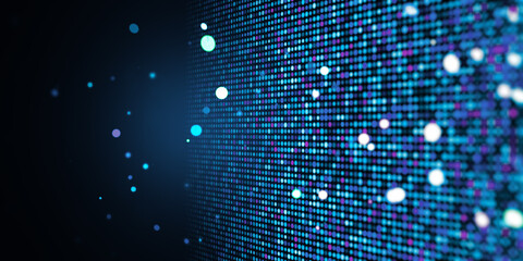 Abstract digital dots background with blue and purple lights on a dark backdrop. 3D Rendering