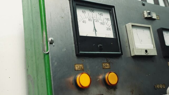 Electrical test bench ammeter and a hand in white gloves presses buttons with the inscriptions 12 and 24 volts