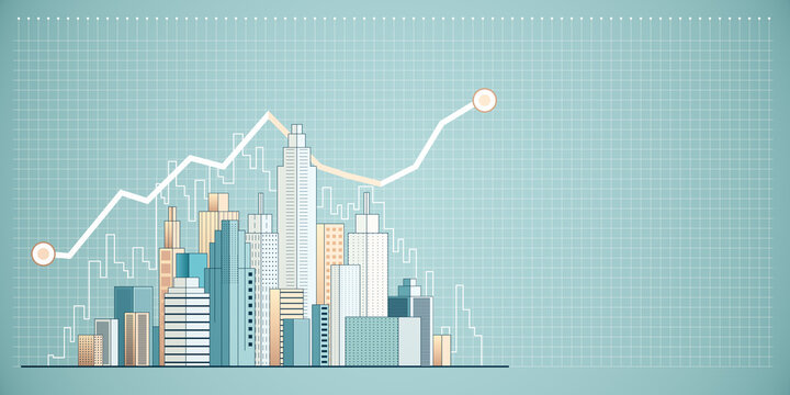 City real estate data stats concept with skyscrapers and graph on plain background. 3D Rendering