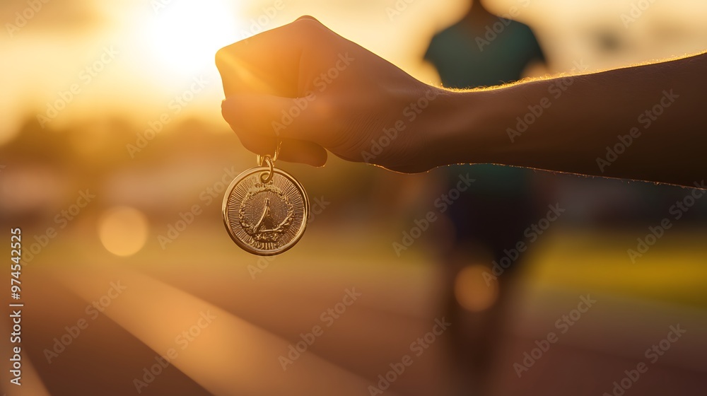 Canvas Prints Hand Offering Medal: A hand gently offering a medal forward, as if to present it, with a blurred silhouette of an athlete in the background. 
