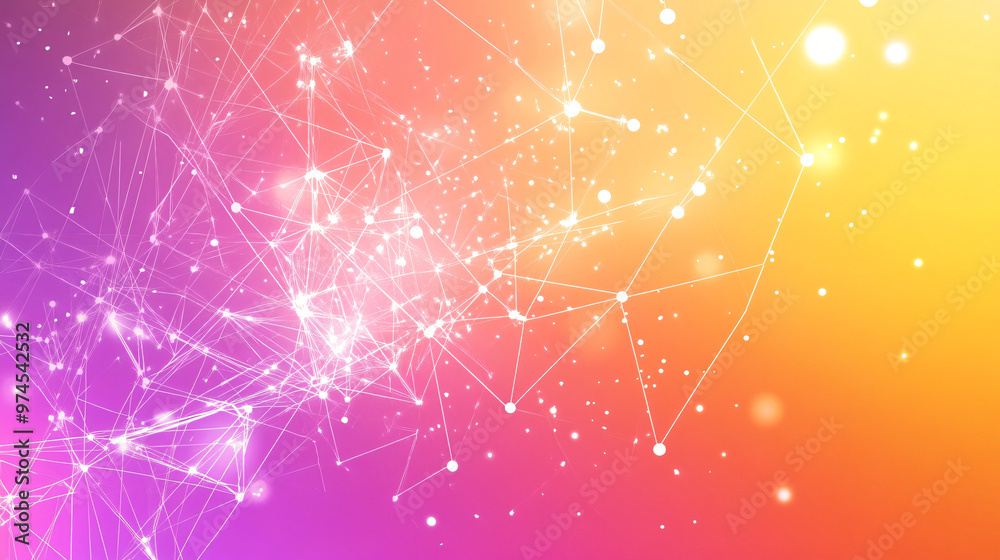 Poster Abstract technology background with connecting dots and lines on a colorful gradient background