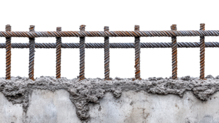 Reinforced steel bars embedded in concrete at a construction site transparent background
