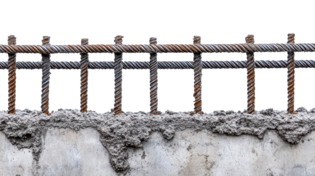 Reinforced steel bars embedded in concrete at a construction site transparent background