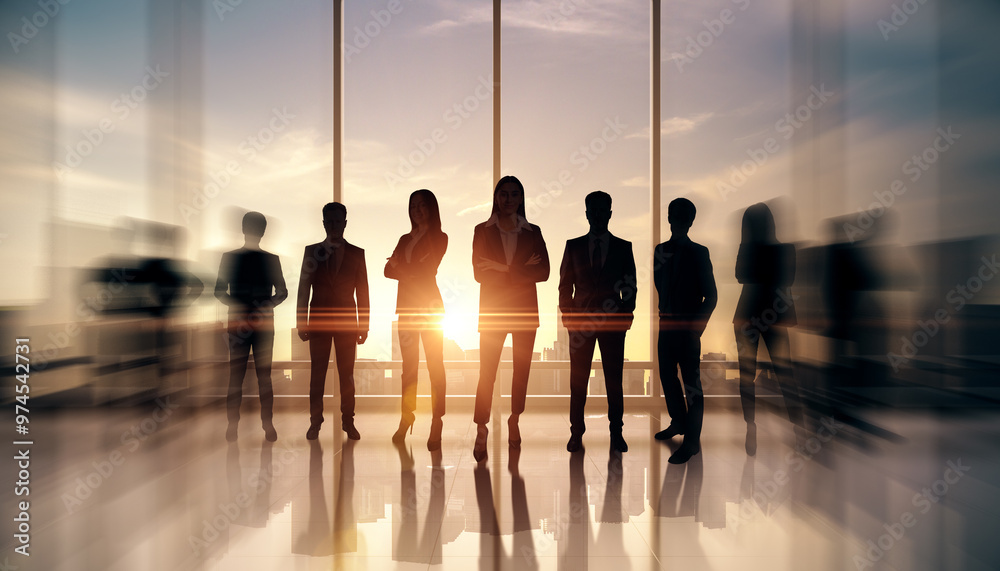Poster businesspeople standing as a team in an office with sunlight shining through windows, creating silho