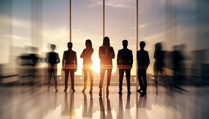 Businesspeople standing as a team in an office with sunlight shining through windows, creating...
