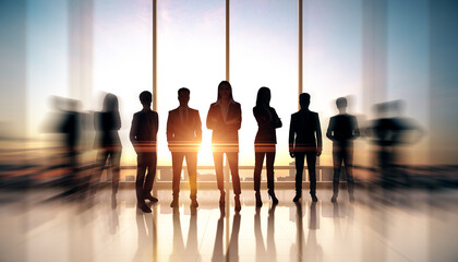 Group of business professionals standing confidently in office with blurred motion effect and sunlight through large windows.