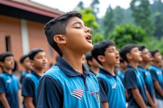 A morning assembly at a rural school, with students gathered outside, singing the national anthem