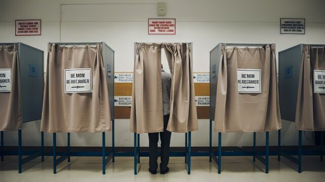 Person Voting ain a Polling Booth with Curtains