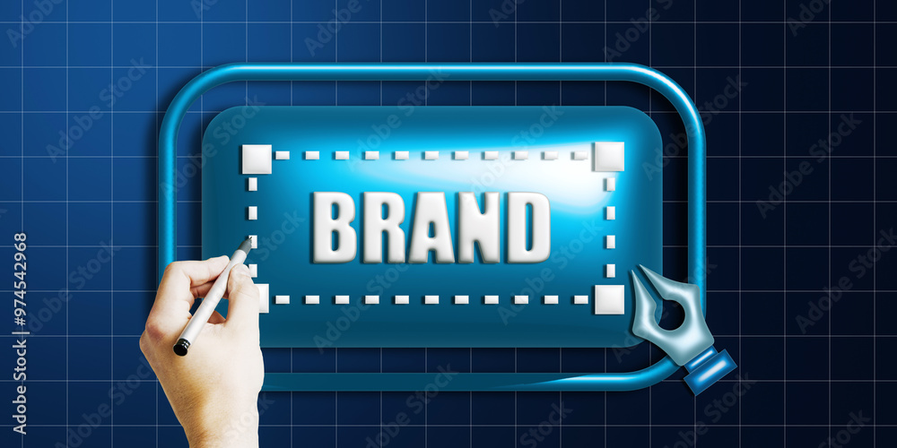 Aufkleber digital branding design concept showing a hand working on a tablet with brand text on a blue grid ba
