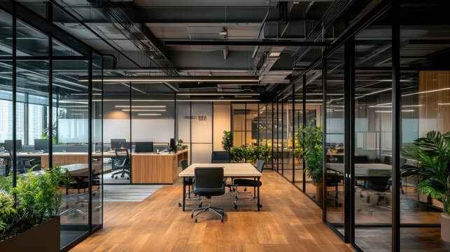 Modern open-plan office with collaborative workspaces, glass partitions, and plants, promoting a productive atmosphere