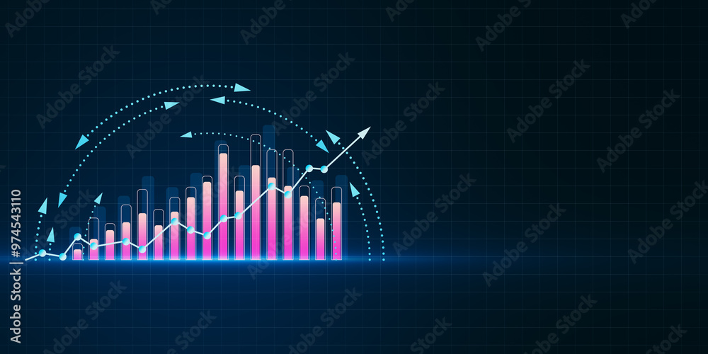 Poster digital financial chart with upward trend on dark background. 3d rendering