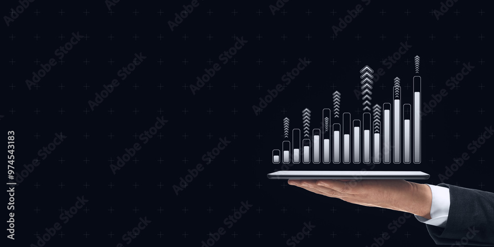 Poster hand holding tablet displaying upward bar chart with arrows on dark background, symbolizing financia