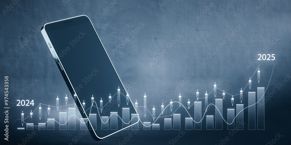 Poster Smartphone displaying financial graphs and data trends for 2024-2025. 3D Rendering