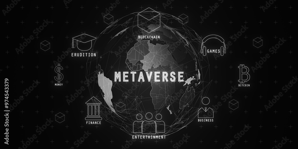 Poster metaverse concept with digital icons on black background. 3d rendering