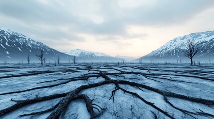A serene landscape showcasing cracked earth and barren trees against a backdrop of mountains and a blue-toned sky.