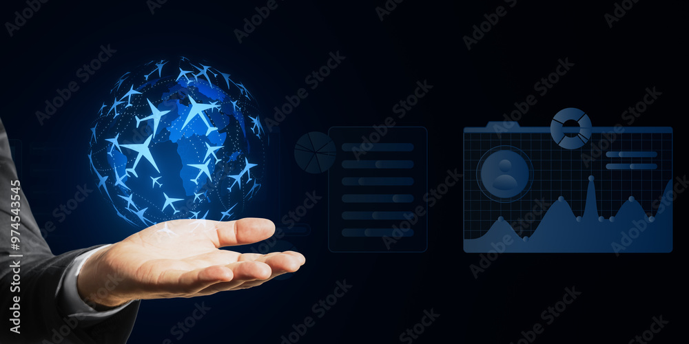 Poster Hand presenting digital flight booking interface with world map and data charts on blue virtual background.