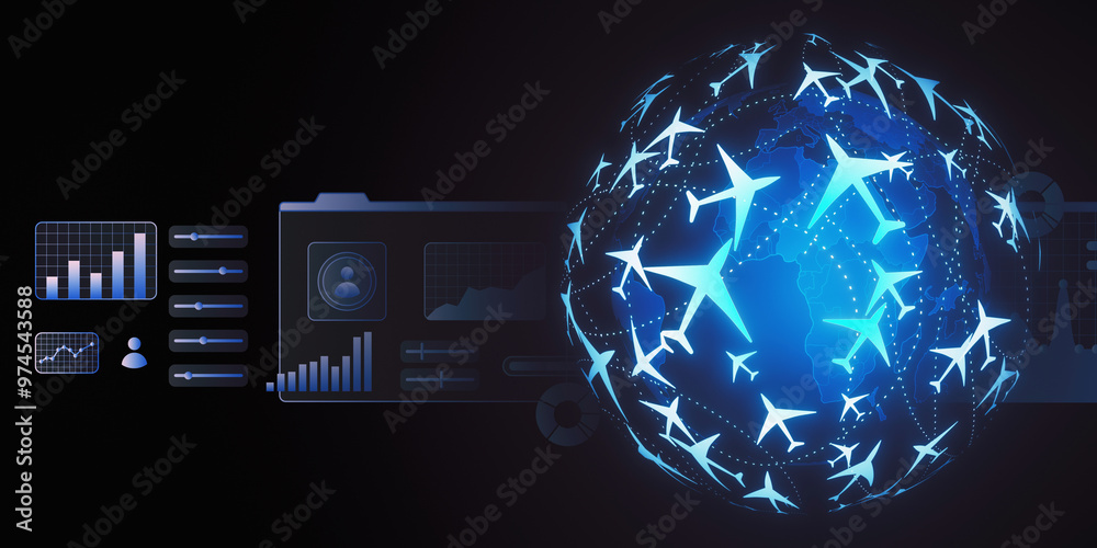 Poster Digital flight booking concept with global network and data charts. 3D Rendering
