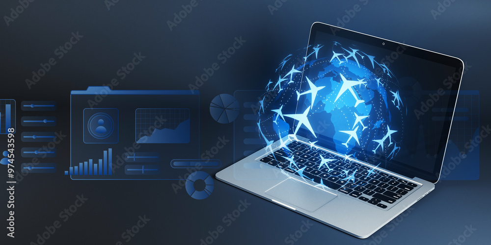 Aufkleber digital flight booking concept on laptop screen. 3d rendering