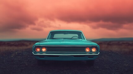 Naklejka premium A vintage car parked under a dramatic sunset sky, showcasing its classic design and timeless beauty.
