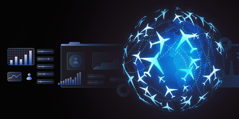 Digital flight booking concept with global network and data charts. 3D Rendering