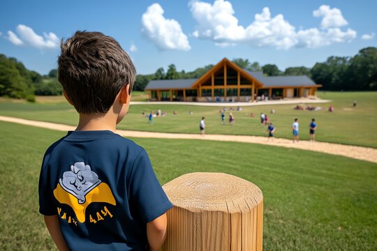 A peaceful rural school surrounded by open fields, with children playing outside during recess