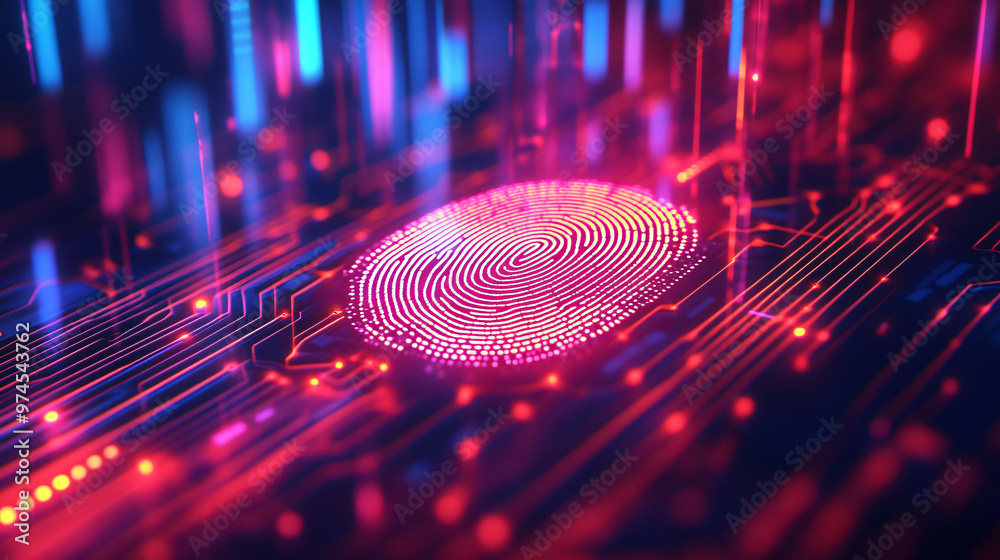Poster futuristic circuit board scanning a glowing fingerprint, symbolizing biometric security and identity