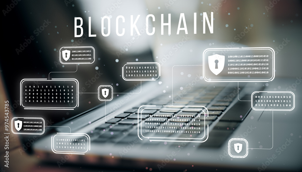 Aufkleber Blockchain data security concept with digital interface on laptop keyboard.