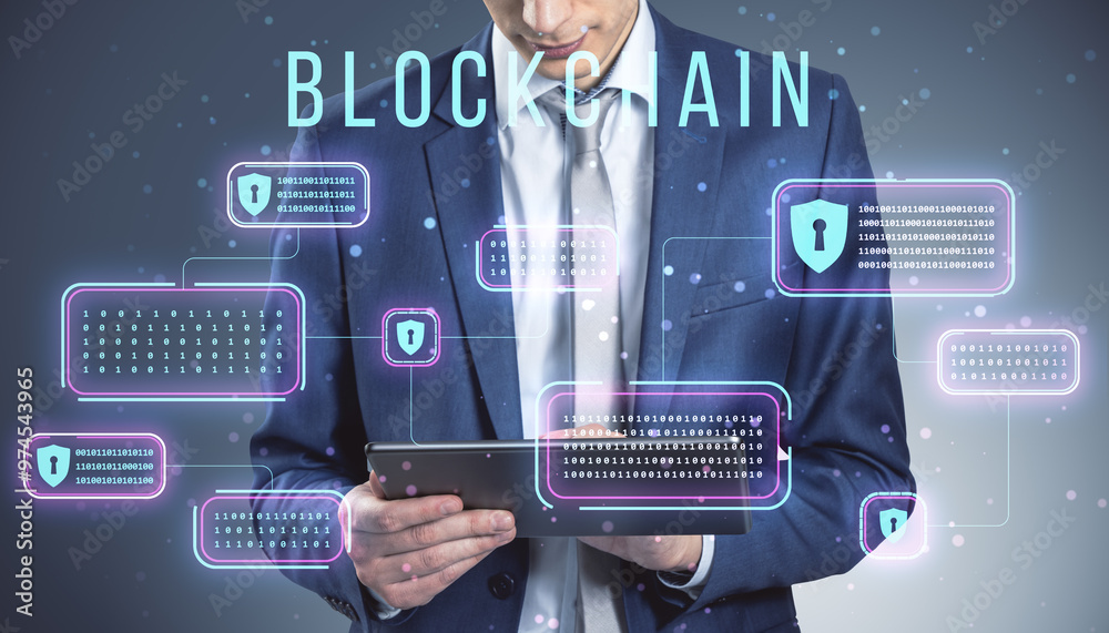 Poster Businessman holding a tablet with blockchain security data holograms on a virtual interface background.