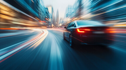 Fototapeta premium Black car zooming down a nighttime highway, with the city lights blending in the distance
