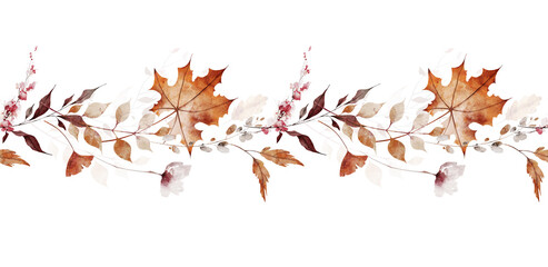 Watercolor autumn seamless border. Orange, brown and gray fall dry maple leaves, wild branches and twigs, flowers. Hand drawn illustration. Watercolour artistic template design.