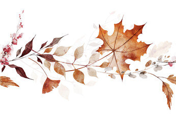 Watercolor autumn seamless border. Orange, brown and gray fall dry maple leaves, wild branches and twigs, flowers. Hand drawn illustration. Watercolour artistic template design.