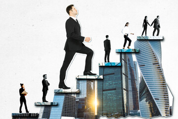 Business professionals ascending steps with cityscape background, symbolizing growth and success.