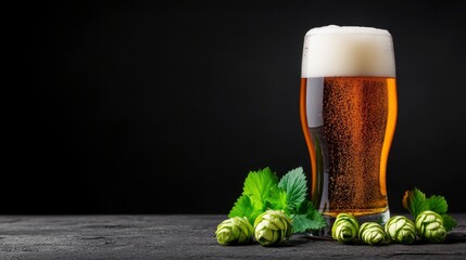A refreshing glass of beer with foam, surrounded by green hops and leaves, perfect for beverage enthusiasts and craft beer lovers.