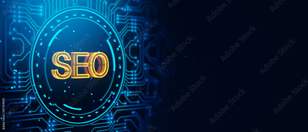 Aufkleber SEO text in digital hologram style with circuit background. 3D Rendering