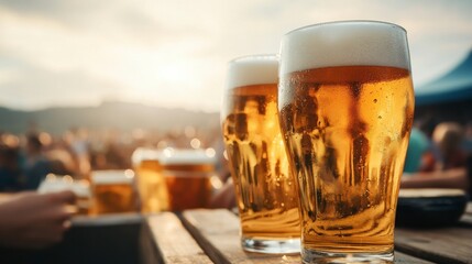 Golden beer glasses glistening in sunlight, set against a vibrant outdoor atmosphere, perfect for relaxed gatherings and festivities.