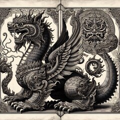 Mythical Dragon in Traditional Asian Art Style.